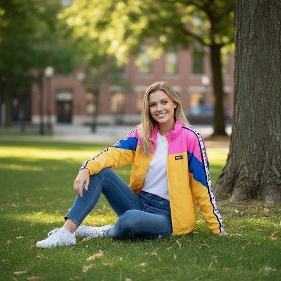 Victoria's Secret Pink Yellow Blue Block Retro Windbreaker Hooded Jacket - Picture 3 of 16